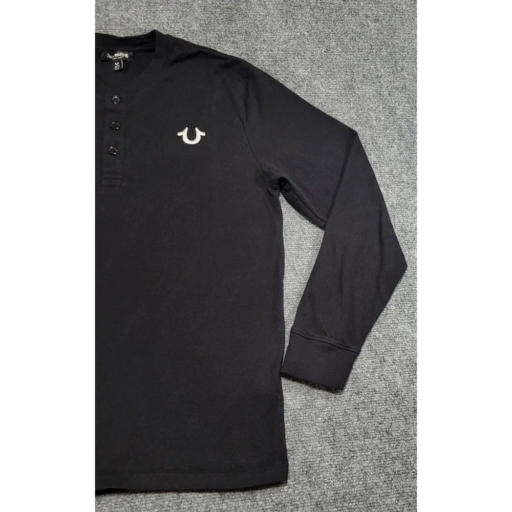 True Religion Men's Branded Henley Long Sleeve Black T-Shirt Size Large